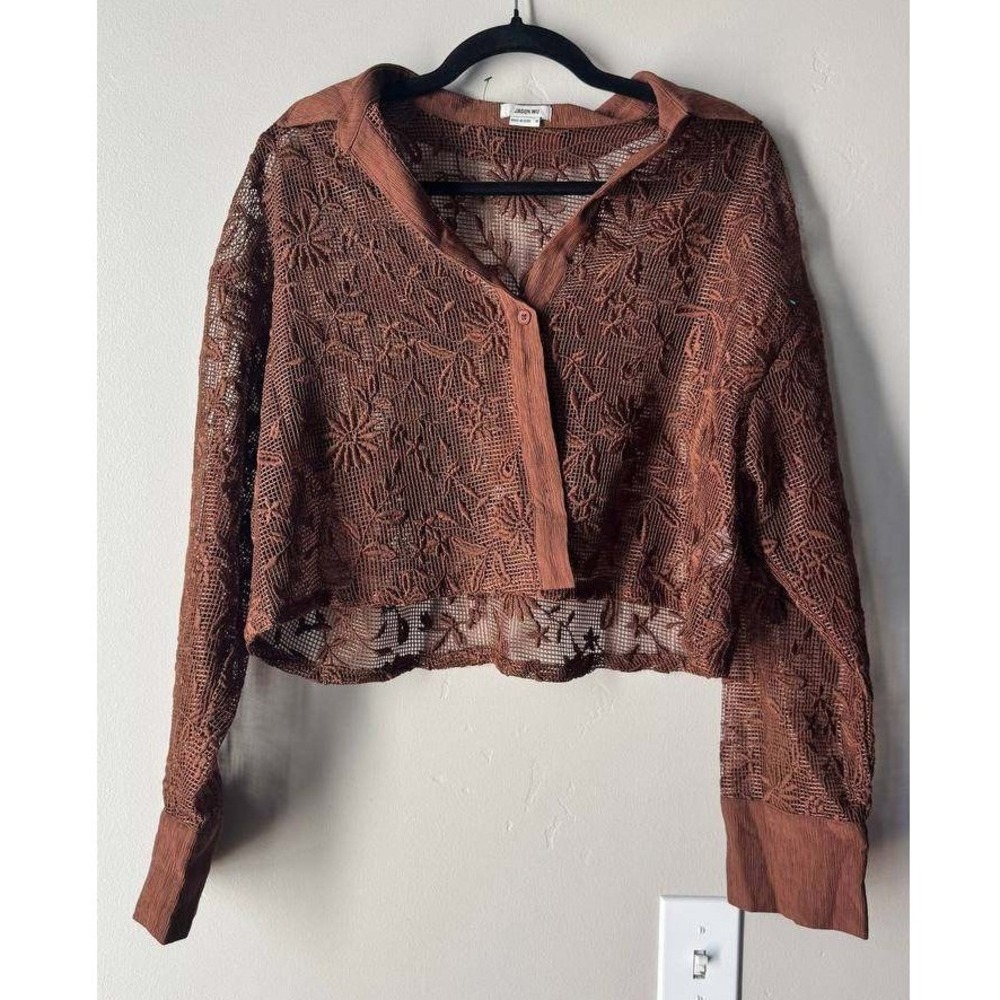 Jason Wu Floral Lace Crop Top M Chocolate Brown Clean Girl Boho Resortwear Beach - Picture 2 of 7
